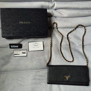 Prada Vitello Leather Wallet on Chain, Black